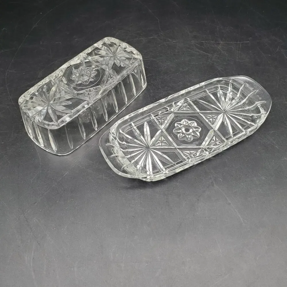 Vintage Cut Pressed Glass Covered Butter Dish Starburst Diamond Pattern